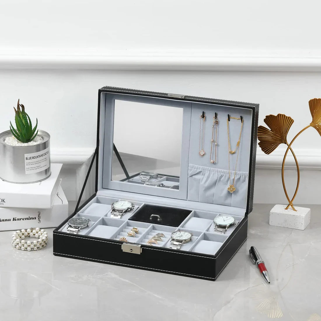 Watch and Jewellery and chain organizer with inside mirror in best quality leather material.