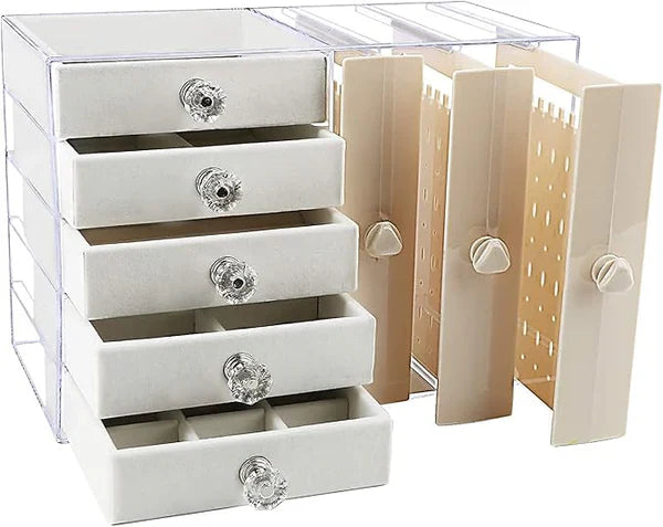Jewellery organizer with multi drawers and transparent jewellery hanging option