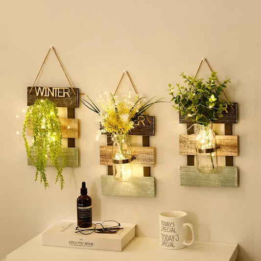 Led glass jar with flower arrangement in beautiful look wooden hanging.(EACH)