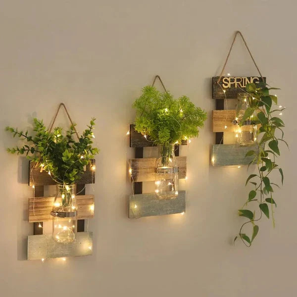 Led glass jar with flower arrangement in beautiful look wooden hanging.(EACH)