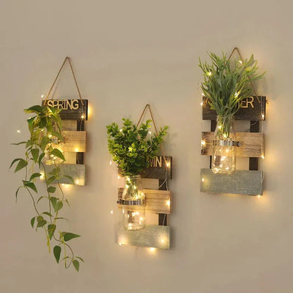 Led glass jar with flower arrangement in beautiful look wooden hanging.(EACH)