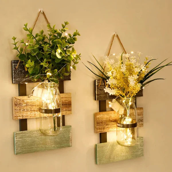 Led glass jar with flower arrangement in beautiful look wooden hanging.(EACH)