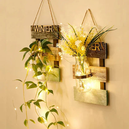 Led glass jar with flower arrangement in beautiful look wooden hanging.(EACH)