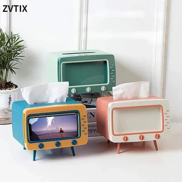 2 In 1 Tissue Box With Phone Stand Tv Appearance Creative Square Home Office Desktop Tissue Boxes Storage Organizer