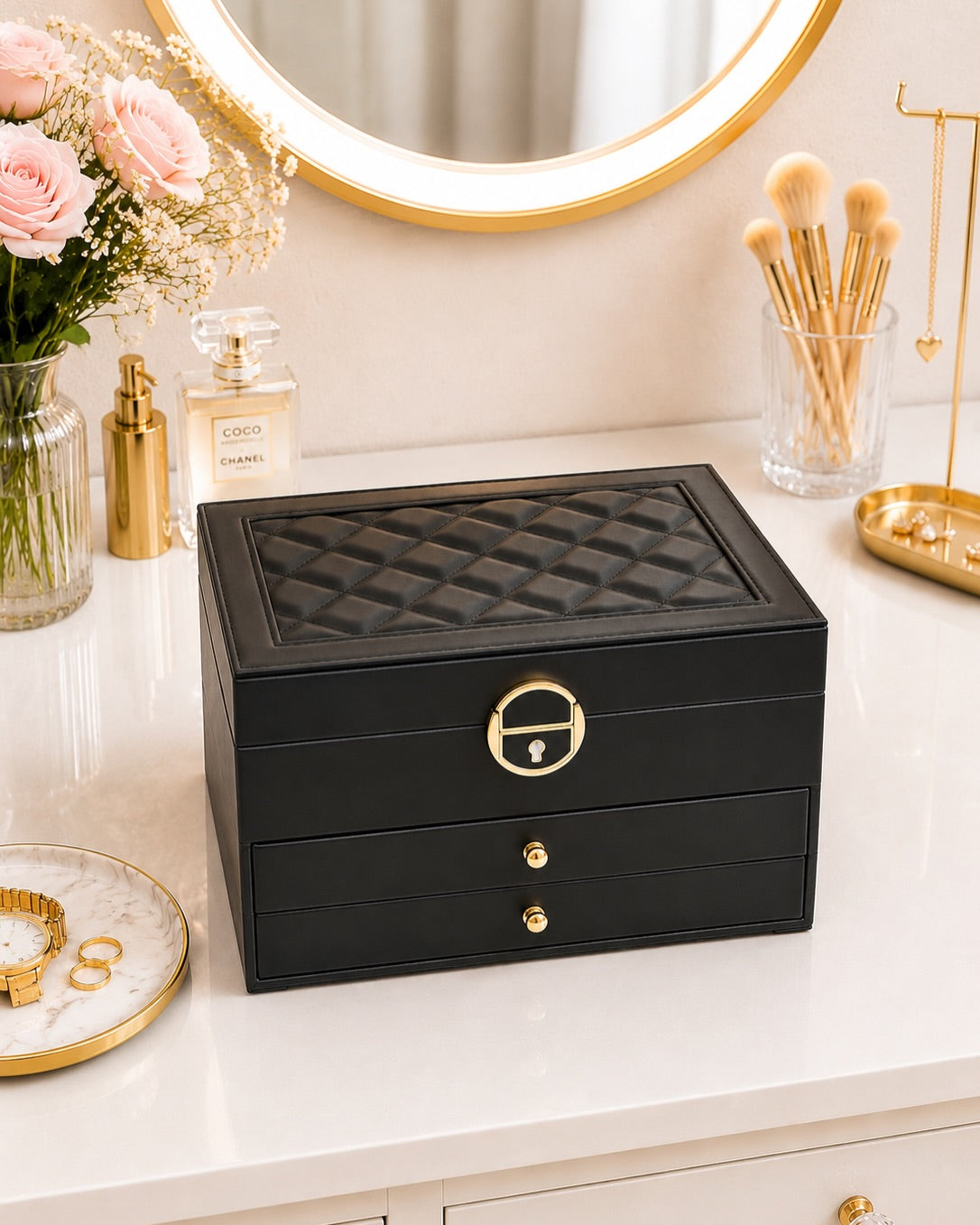 Luxury Jewelry Organizer Box with Lock – Velvet Lined Storage for Rings, Earrings, Necklaces & Watches (1–3 Layer Options) (Only Empty Box)